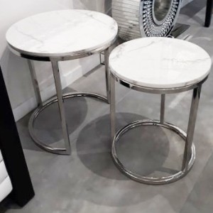 STOLIKI OKRĄGŁE  ZESTAW  RAMA METALOWA SREBRNA BLAT MARMUR PRIME