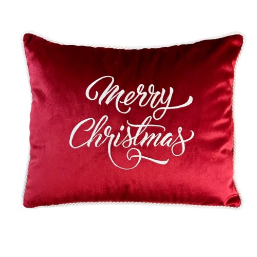 PODUSZKA WELUROWA HAFTOWANA CZERWONA HAFT BIAŁY  MERRY CHRISTMAS 40X60CM