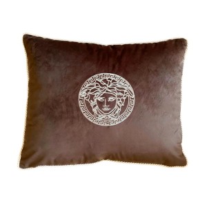 Poduszka welurowa ciemnobrązowa z kremowym haftem Meduza 50x60cm