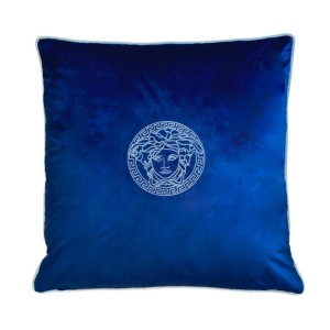 Poduszka welurowa granatowa z białym haftem Meduza 70x70cm