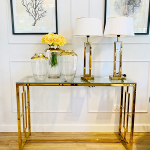 Konsola metalowa złota Gatsby szyba dymiona 120x40x78cm