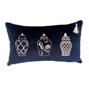 Poduszka welurowa granatowa haftowana Wazy Hampton prostokąt  