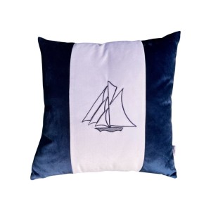 Poduszka welurowa  granatowo biała haftowana Marina Bay Yacht  kwadrat 