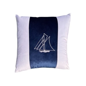 Poduszka welurowa biało granatowa haftowana Marina Bay Yacht kwadrat