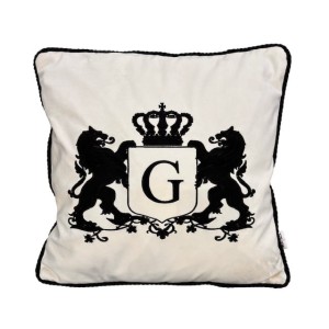 Poduszka welurowa kremowa haftowana Lwy z monogramem