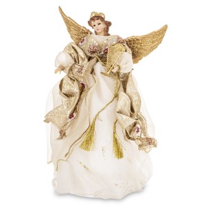 Figurka świąteczna anioła w białej materiałowej sukni z harfą h 39cm 