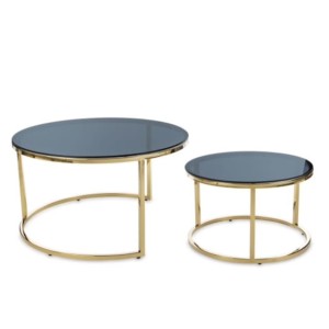Zestaw stolików kawowych złotych blat dymiony 