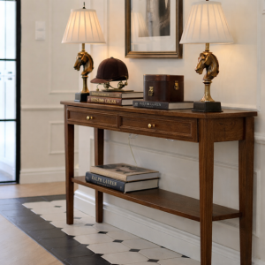 Konsola wąska drewniana ciemny orzech Giorgio z półką   