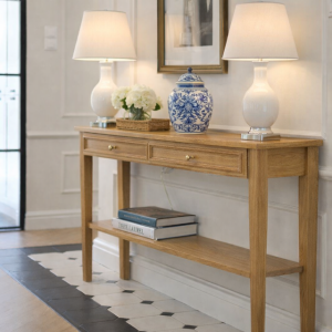 Konsola wąska drewniana dąb naturalny Giorgio z półką  