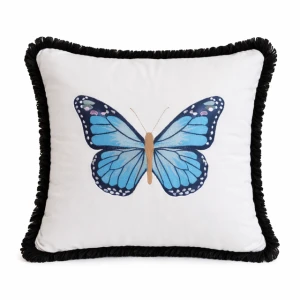 Poduszka welurowa biała motyl niebieski no2