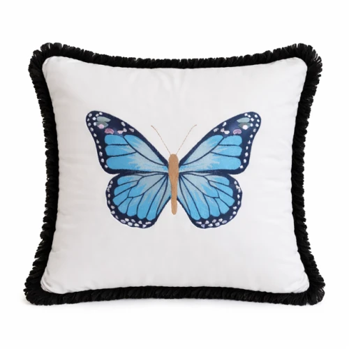 Poduszka welurowa biała motyl niebieski no2