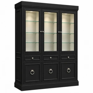 Witryna drewniana czarna 3-drzwiowa przeszklona Vouge – witryna do salonu jadalni gabinetu
