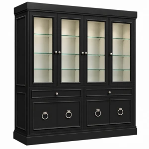Witryna drewniana czarna 4 drzwiowa przeszklona Vouge – witryna do salonu jadalni gabinetu 