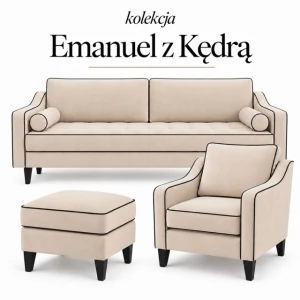 Zestaw wypoczynkowy modern classic – sofa 3-osobowa rozkładana, fotel i pufa 
