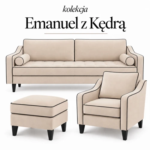 Zestaw wypoczynkowy modern classic – sofa 3-osobowa rozkładana, fotel i pufa