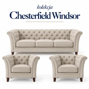 Zestaw wypoczynkowy chesterfield – sofa 3 osobowa, rozkładana dwa fotele