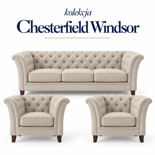 Zestaw wypoczynkowy chesterfield – sofa 3 osobowa, rozkładana dwa fotele