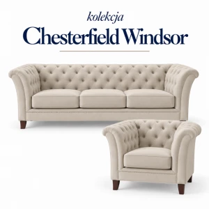 Zestaw wypoczynkowy chesterfield – sofa 3 osobowa, rozkładana i fotel