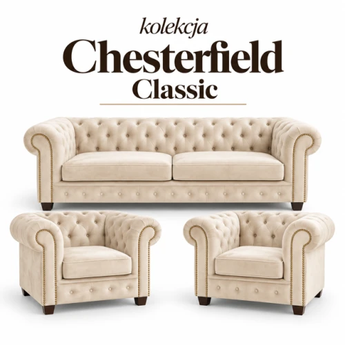 Zestaw wypoczynkowy chesterfield classic – sofa 3 osobowa, rozkładana i fotele 