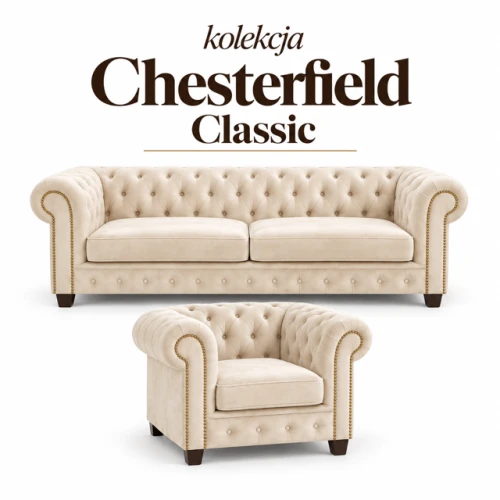 Zestaw wypoczynkowy chesterfield classic – sofa 3 osobowa, rozkładana i fotel